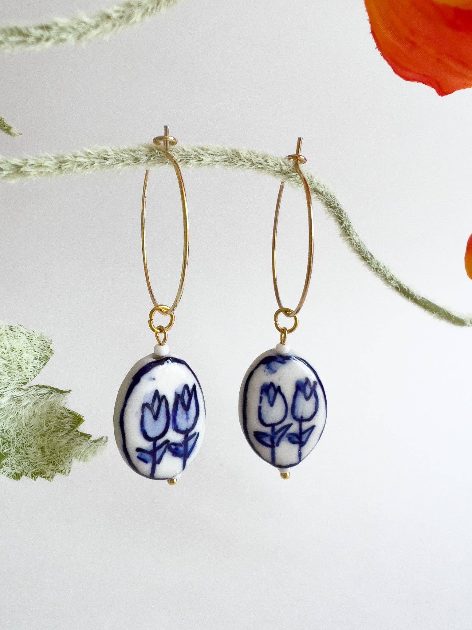 Yellow Dots Studio - Blue Tulips Hoop Earrings | Ceramic Earrings - Image 2