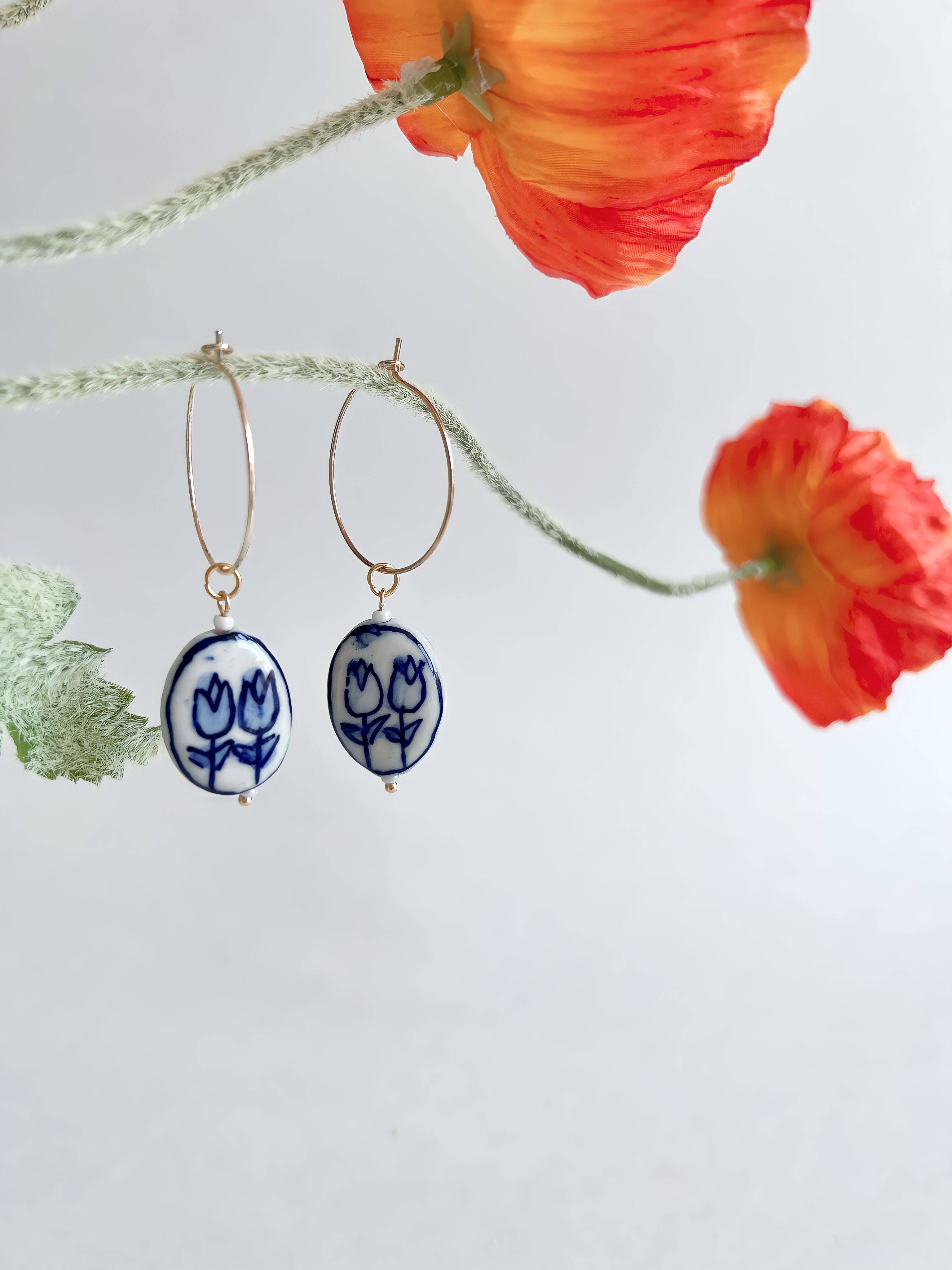 Yellow Dots Studio - Blue Tulips Hoop Earrings | Ceramic Earrings - Image 4